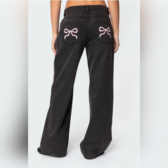 Edikted Black Flare Jeans with Pink Bow Detail - Picture 1 of 2